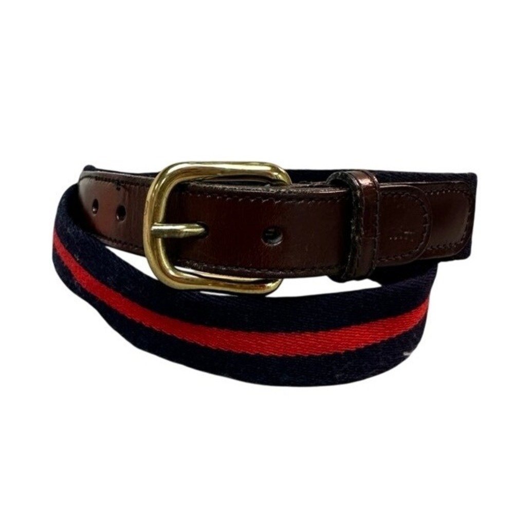 Mens Navy Red Striped Canvas Leather Surcingle Belt Brass Buckle 32 58505 86